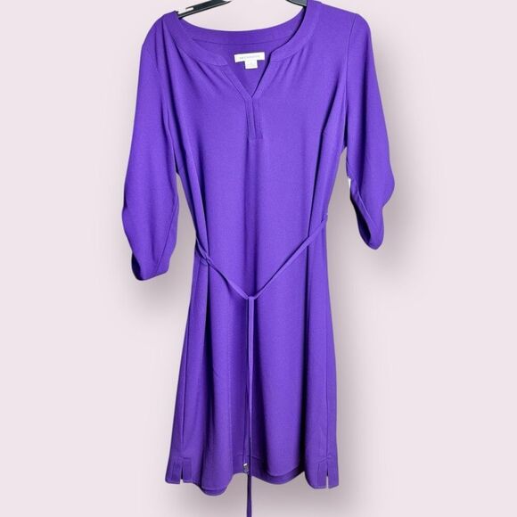 LIZ CLAIBORNE Purple V-neck 3/4 Rolland Sleeve Belted Dress | US Size 10 | NWT - Picture 1 of 5